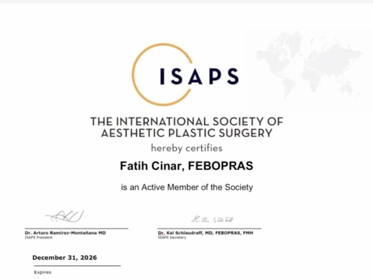 ISAPS active member certificate for Fatih Çınar, FEBOPRAS